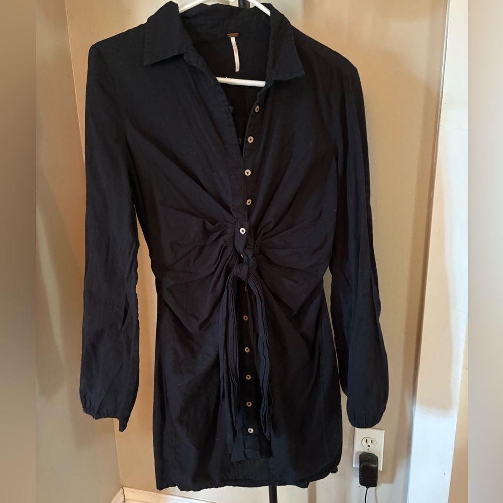 Anthropologie Black Tie Front Notched Collar Dress